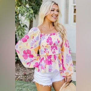 Pink Floral Print Smocked‎ Square Neck Peplum Blouse